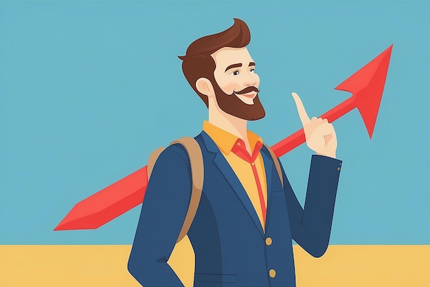 Un jeune homme caucasien hipster chanceux avec une barbe portant une flèche rouge pointant vers le haut montrant son plan d'affaires réussi