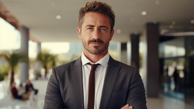 Jeune homme caucasien professionnel souriant debout dans le bureau et regardant la caméra