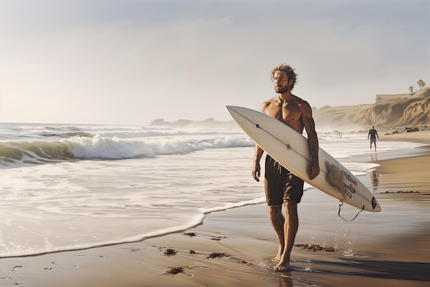 Jeune homme caucasien se lève tôt pour faire du surf au lever du soleil Photo de haute qualité