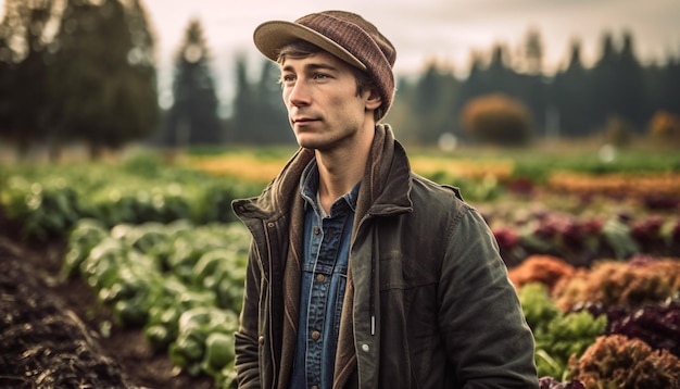 Un jeune homme caucasien souriant en regardant la caméra dans une scène de ferme d'automne générée par l'IA