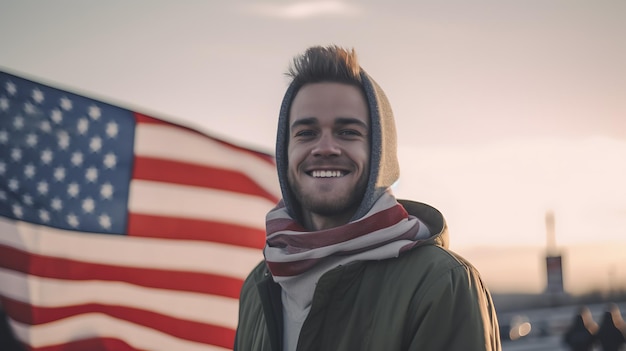 Jeune homme célébrant le jour de l'indépendance avec le drapeau américainCréé avec la technologie Generative AI