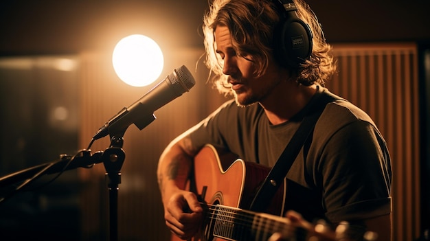 Photo un jeune homme chante en studio.