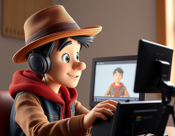 Photo jeune homme en chapeau édite une vidéo d'illustration de personnages en 3d