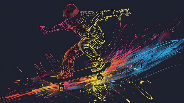 Photo un jeune homme avec un chapeau à l'envers et des vêtements décontractés fait du skateboard sur un arc-en-ciel de couleurs le fond est noir