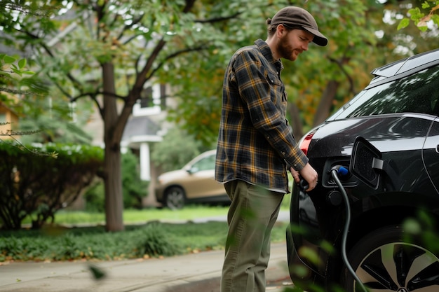 Un jeune homme charge une voiture électrique.