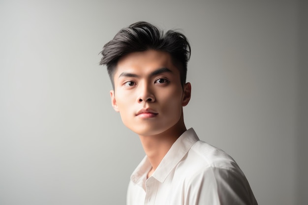 Un jeune homme avec une chemise blanche et des cheveux noirs regarde la caméra.