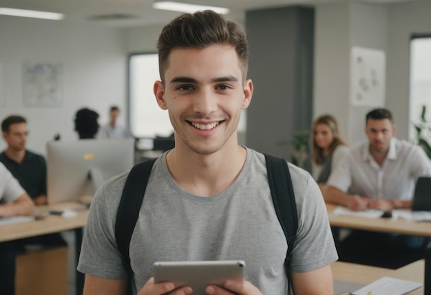 Un jeune homme en chemise grise utilise une tablette numérique dans un bureau son comportement décontracté et amical