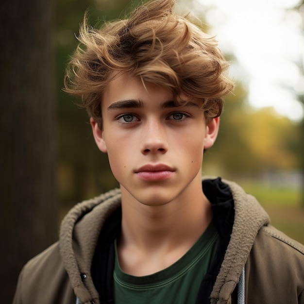 un jeune homme avec une chemise verte et des cheveux bruns se tient dans un parc.