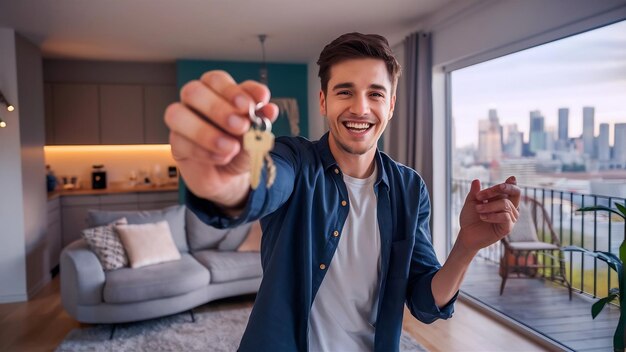 Photo le jeune homme avec les clés vient d'acheter un nouvel appartement.