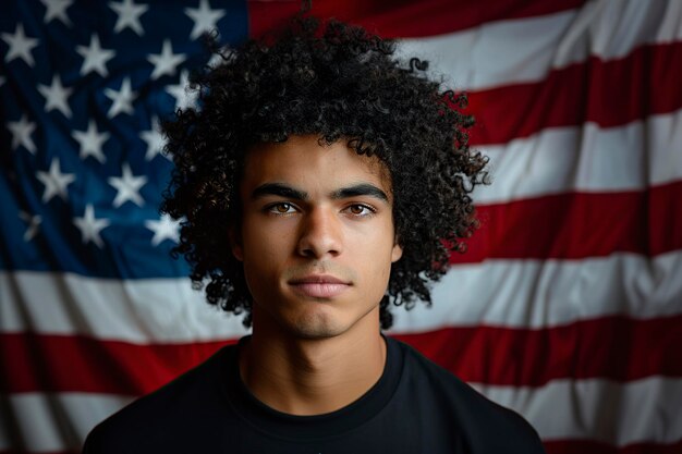 un jeune homme avec une coiffure afro et le drapeau américain