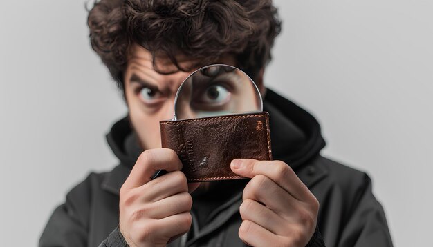 Un jeune homme en colère regardant à travers une loupe un portefeuille vide sur fond blanc