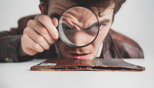 Photo un jeune homme en colère regardant à travers une loupe un portefeuille vide sur fond blanc