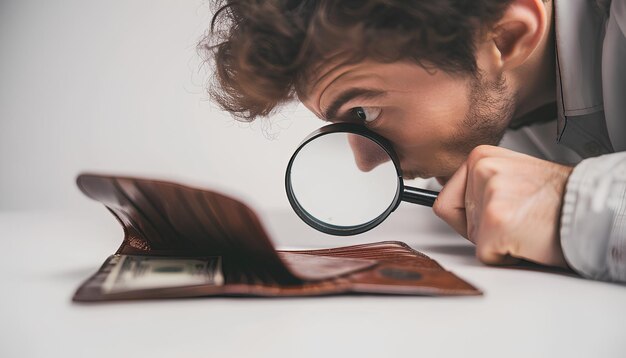 Photo un jeune homme en colère regardant à travers une loupe un portefeuille vide sur fond blanc