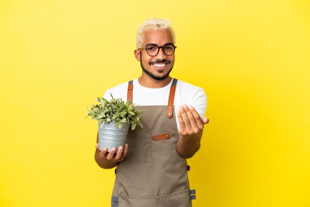 Jeune homme colombien tenant une plante isolée sur fond jaune invitant à venir avec la main. Heureux que tu sois venu