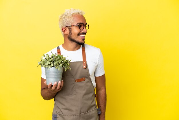 Jeune homme colombien tenant une plante isolée sur fond jaune regardant sur le côté et souriant