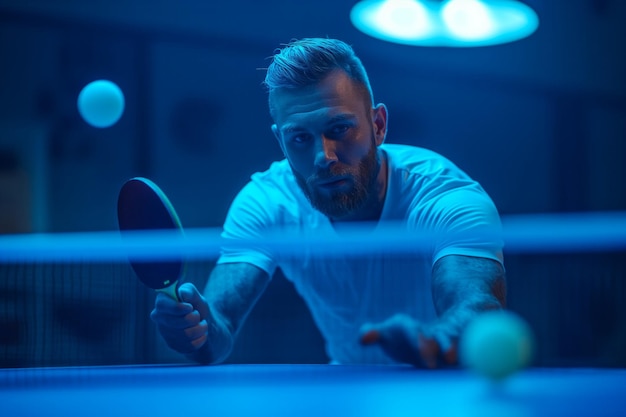 Un jeune homme concentré sur le tennis de table.