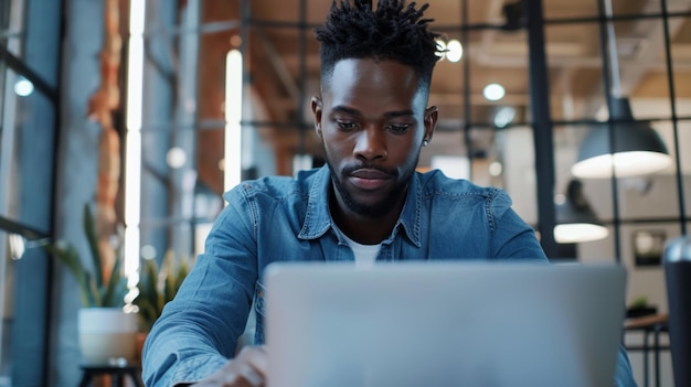 Un jeune homme concentré travaillant sur un ordinateur portable dans un bureau moderne