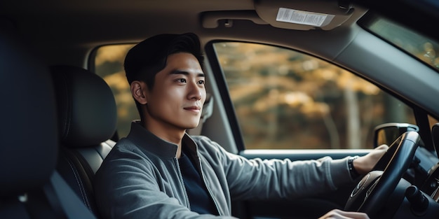 Un jeune homme conduisant une voiture par une journée claire.