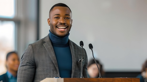 Un jeune homme confiant prononce un discours sur un pupitre dans une salle de conférence lumineuse.