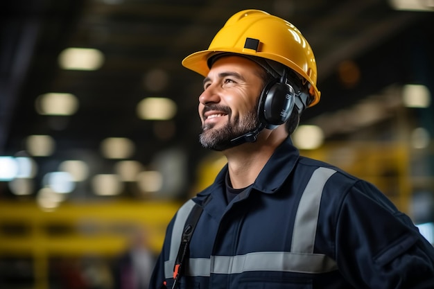 Jeune homme constructeur en uniforme de construction et casque de sécurité avec vue latérale