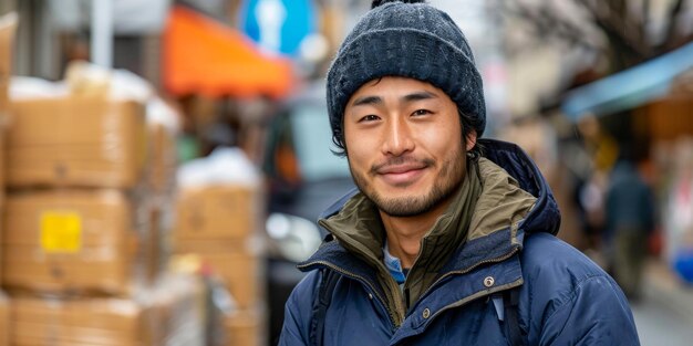 Photo un jeune homme content dans un travail occasionnel mettant son sourire offrant un aperçu d'une journée de vie urbaine satisfaisante et de travail