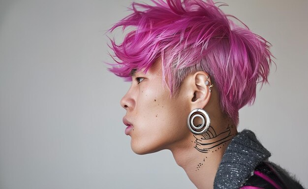 Jeune homme coréen aux cheveux roses avec d'énormes boucles d'oreilles métalliques photo de mode