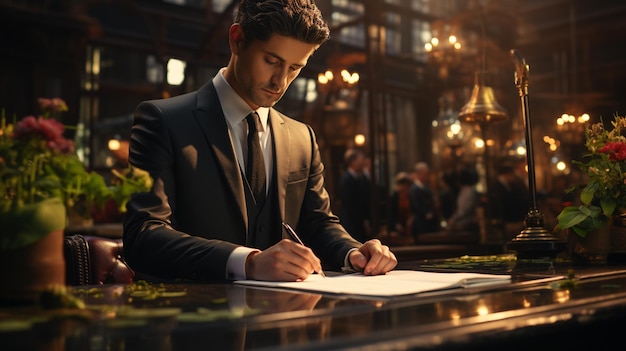 Jeune homme en costume écrivant dans un cahier à l'IA générative sur le lieu de travail