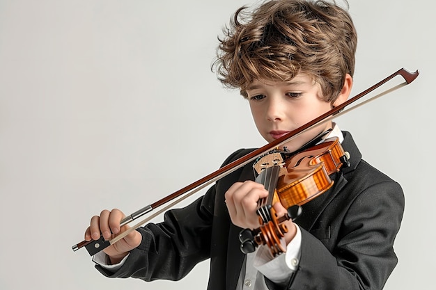 Un jeune homme en costume noir est apparu en train de jouer du violon sur un décor blanc.