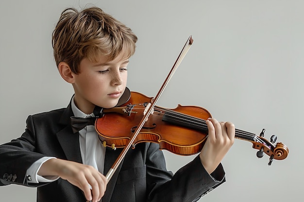 Un jeune homme en costume noir est apparu en train de jouer du violon sur un décor blanc.