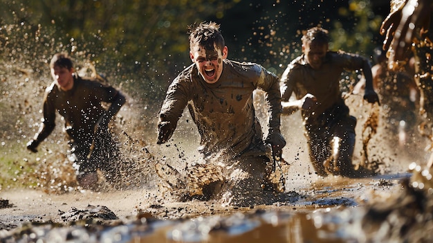Photo un jeune homme couvert de boue participe à une course d'obstacles