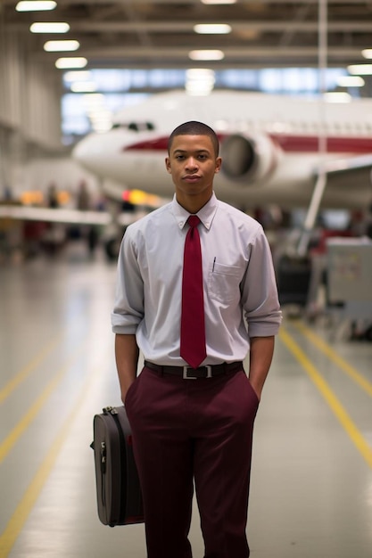 Photo un jeune homme en cravate rouge se tient devant un avion