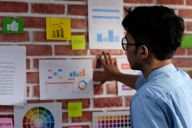 Jeune homme créatif asiatique lisant et réfléchissant sur des idées de travail du papier sur le mur de bureau avec concentration, style de vie de travail