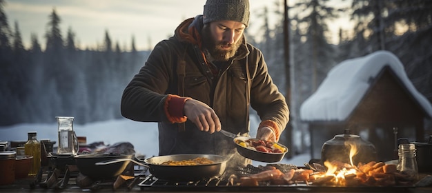 Photo jeune homme cuisinant dans le camp d'hiver de la forêt enneigée avec le concept de survie de la tente et des gens