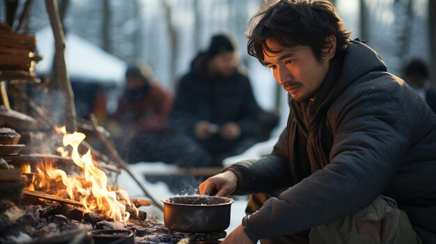 Un jeune homme cuisine près d'un camp de tente d'hiver dans la forêt de neige. Personnes de survie et concept de camping.