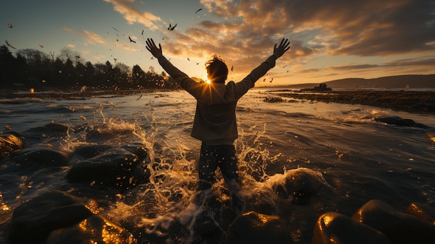 Photo un jeune homme dans un bateau sur la rivière au coucher du soleil.