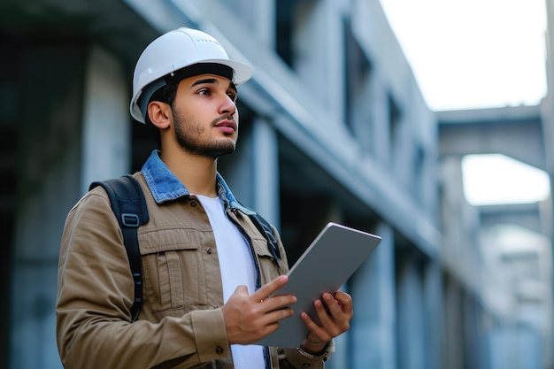 un jeune homme dans un chapeau dur tenant une tablette