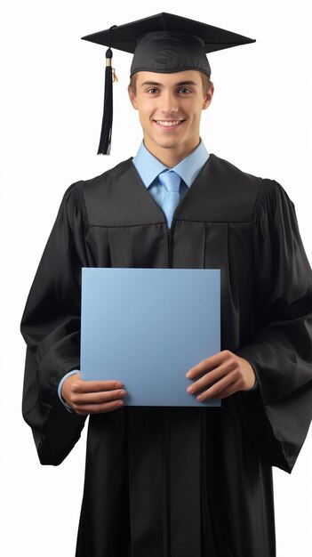 un jeune homme dans un chapeau de graduation et une robe tenant un diplôme