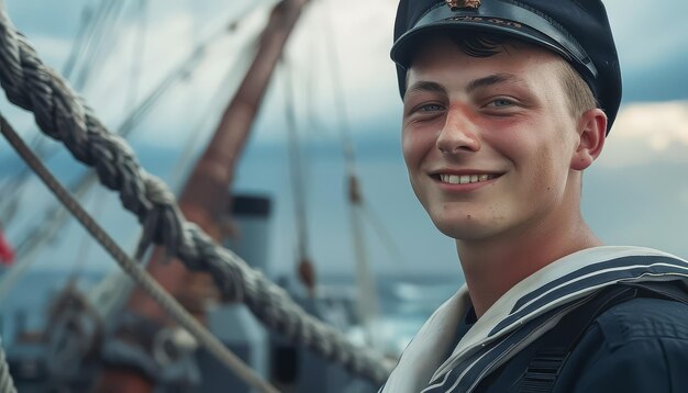 Un jeune homme dans un chapeau de marin sourit et pose pour une photo