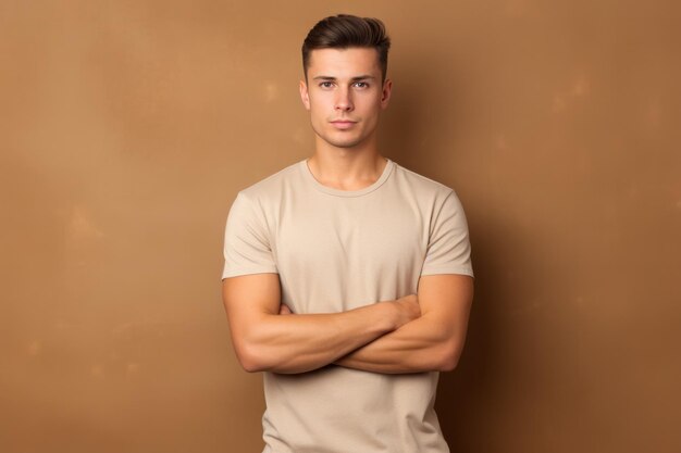 Un jeune homme dans un t-shirt décontracté sur un fond brun