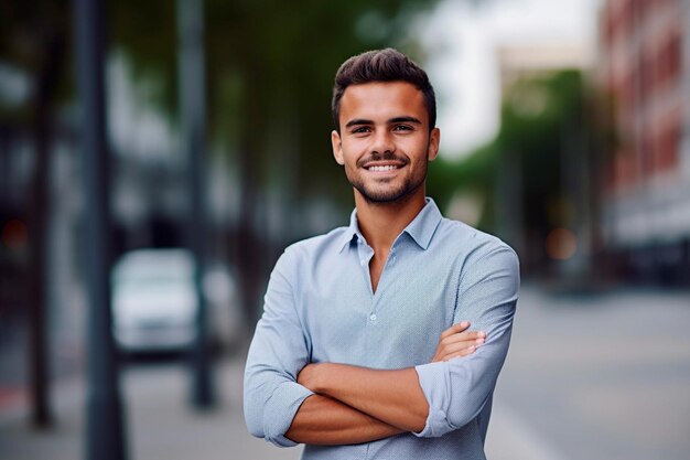 Un jeune homme dans une ville regardant la caméra un homme d'affaires confiant avec les bras croisés souriant à l'extérieur