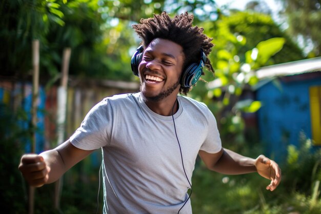 Photo un jeune homme dansant sur sa chanson préférée.