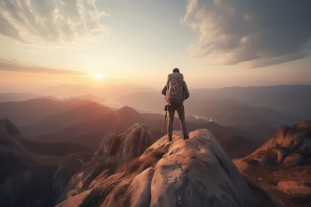 Jeune homme debout au sommet d'une falaise dans les montagnes d'été au coucher du soleil et profitant de la vue AI