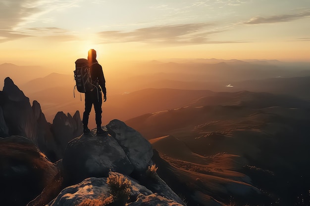 Jeune homme debout au sommet d'une falaise dans les montagnes d'été au coucher du soleil et profitant de la vue AI