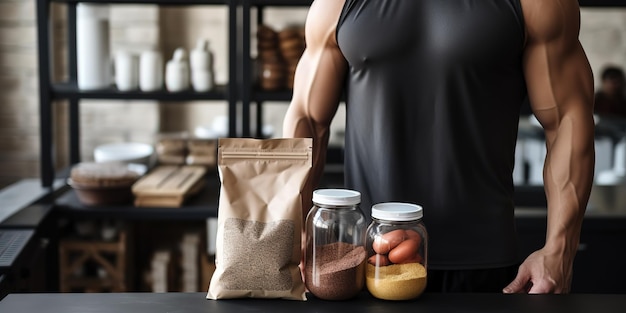 Un jeune homme debout à côté d'aliments protéinés sains dans le gros plan de la cuisine