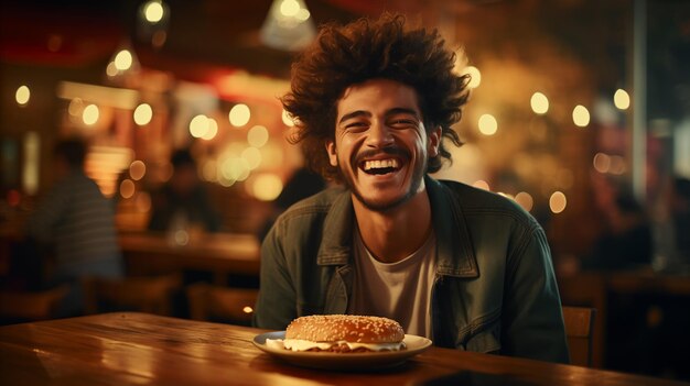 Un jeune homme debout devant un hamburger à la table dans un restaurant de hamburgers