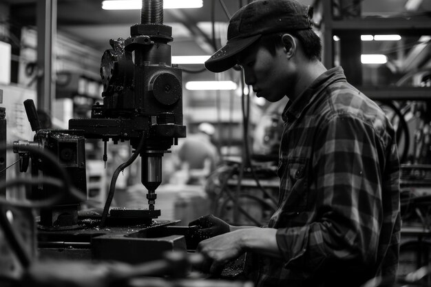 Photo jeune homme debout à la machine de forage et de réparation dans l'usine