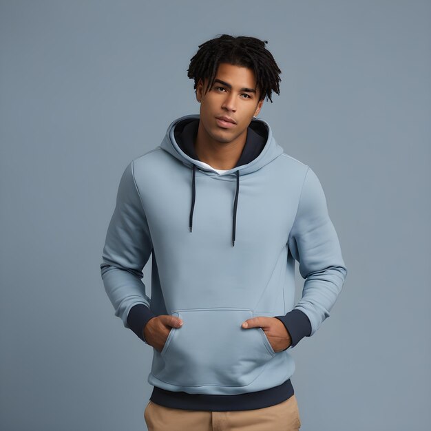 jeune homme debout portant un sweat-shirt bleu à capuchon à fond solide