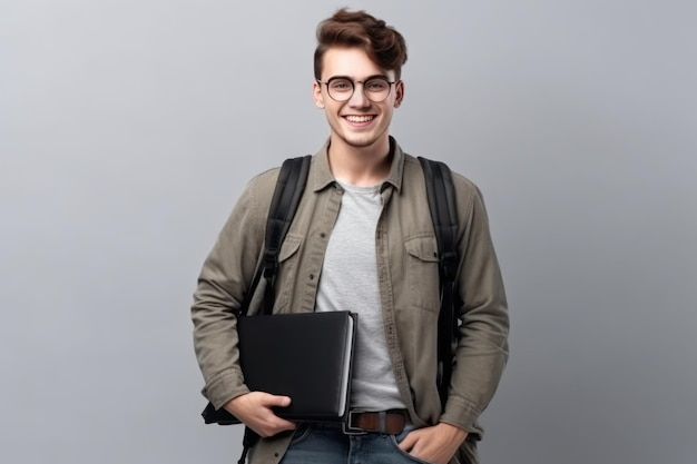 Jeune homme debout tenant un ordinateur portable et regardant la caméra avec un sourire heureux isolé sur fond gris