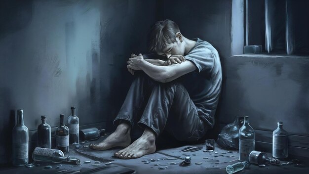 Jeune homme déprimé assis seul dans le coin de la pièce tristesse déprimé toxicomane et pro-vie