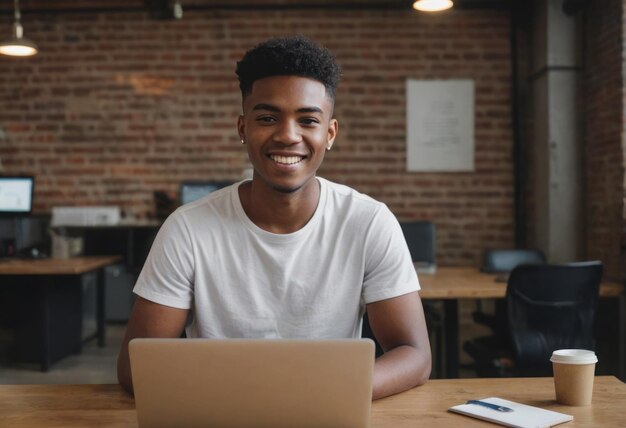 Un jeune homme détendu travaille sur son ordinateur portable dans un bureau rustique émettant une atmosphère décontractée